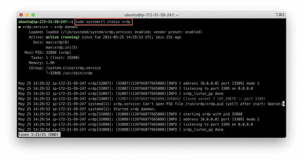 4. How to Set Up Remote Desktop on Ubuntu - systemctl status xrdp