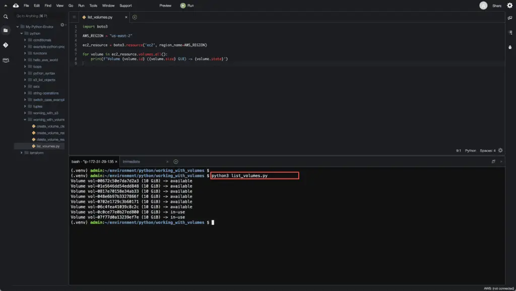 3. Working with EBS volumes using Boto3 - Listing all EC2 volumes using Boto3