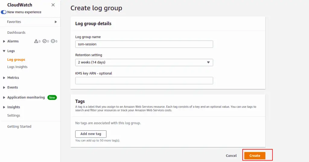 aws session manager provide log group details