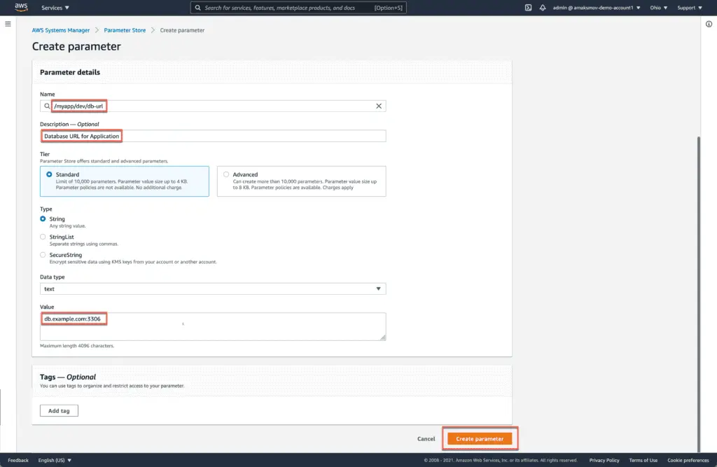 3. Introduction to AWS Systems Manager - Create parameter - Parameter Store Form