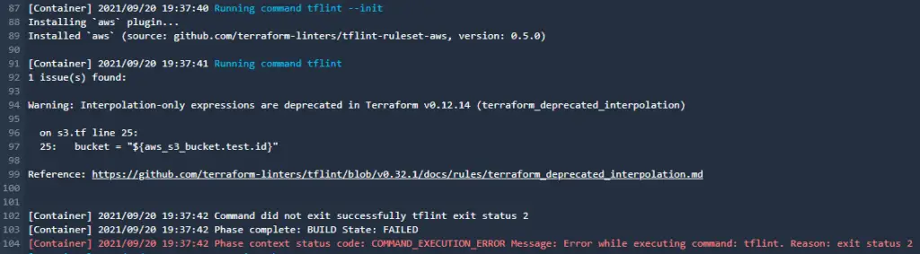 2. How to use CodePipeline CICD pipeline to test Terraform - Example of failed tflint test