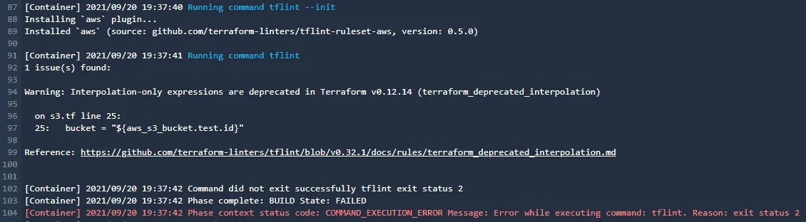 2. How to use CodePipeline CICD pipeline to test Terraform - Example of failed tflint test