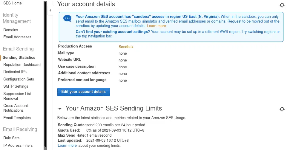 Editing Amazon SES account details