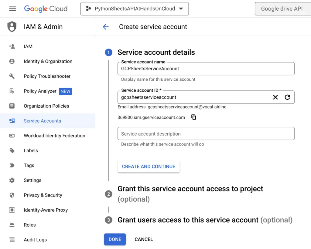 Google Cloud - Create Service account - Details