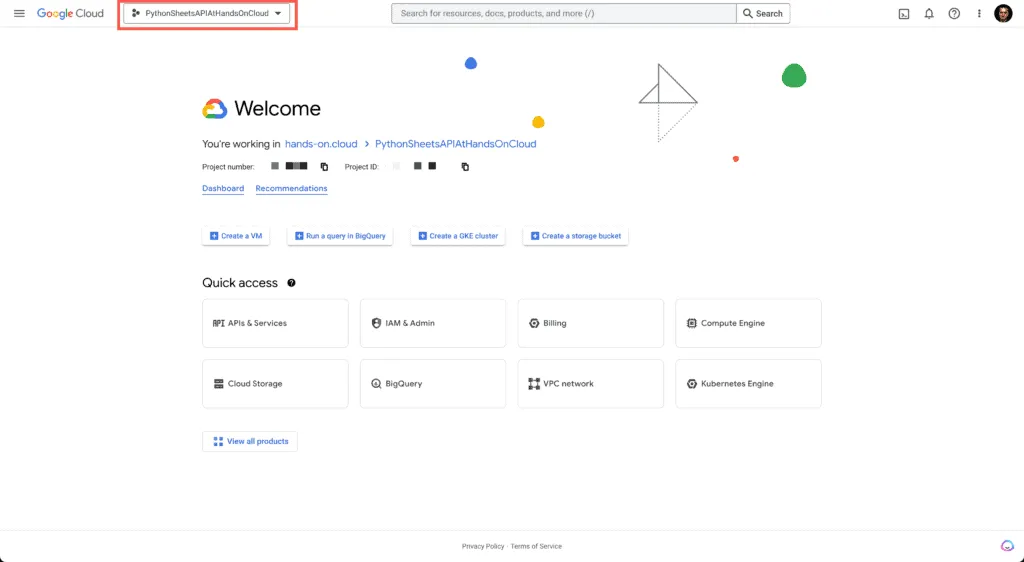 Google Cloud Platform - Select created project