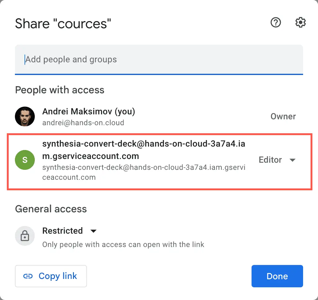 Share Google Drive to Google Cloud service user