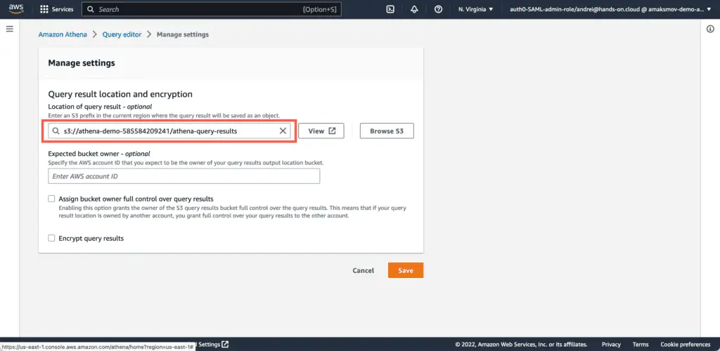 Amazon Athena - Query Editor - Settings - Query result location and encryption