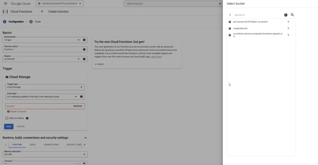 How to Build Your First Python Google Cloud Function- select bucket