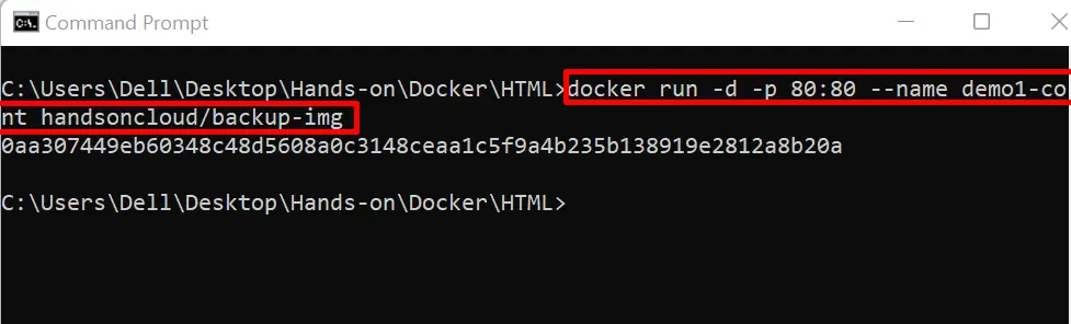 docker run -d -p 80:80 --name demo1-cont handsoncloud/backup-img