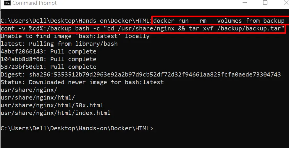 docker run --rm --volumes-from backup-cont -v %cd%:/backup bash -c "cd /usr/share/nginx && tar xvf /backup/backup.tar"