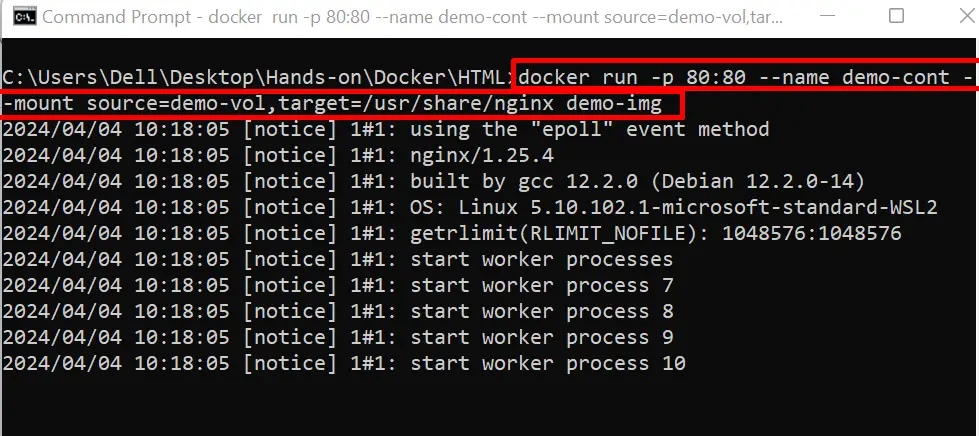 docker run -p 80:80 --name demo-cont --mount source=demo-vol,target=/usr/share/nginx demo-img
