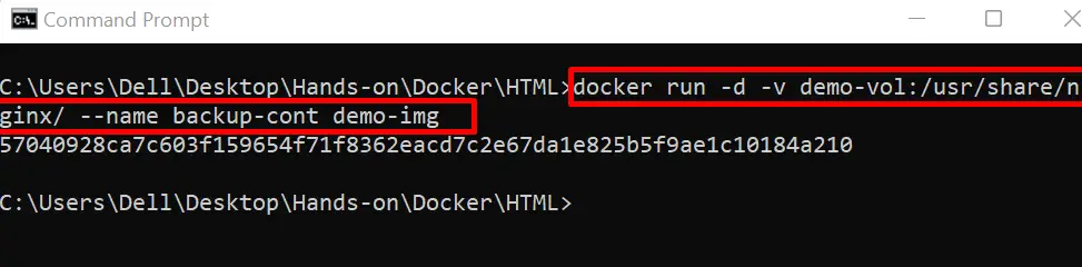 docker run -d -v demo-vol:/usr/share/nginx/ --name backup-cont demo-img